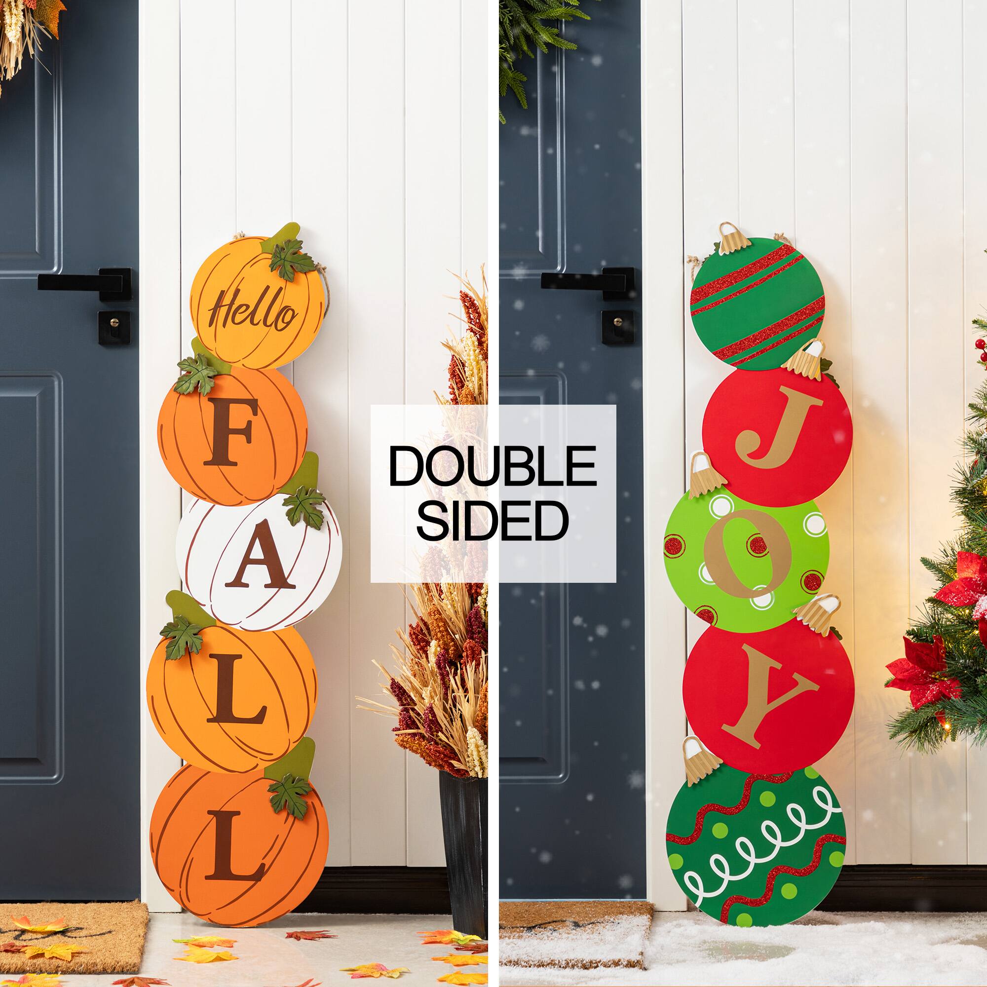 Glitzhome® 41.75" Fall and Christmas Double-Sided Wooden Pumpkin and Ornament Porch Sign